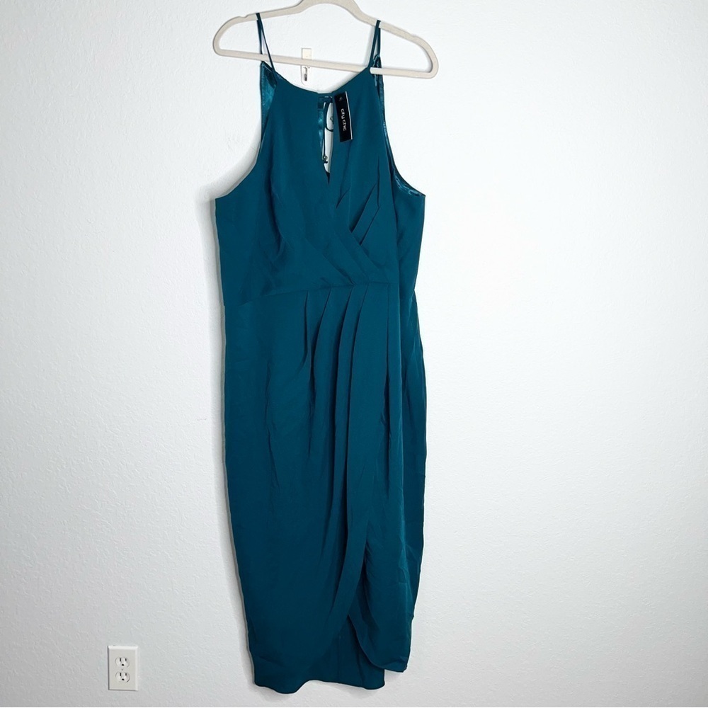 City Chic Dress Women XL 22 Midi Turquoise Slit Front Faux Wrap Sleeveless KK - Picture 3 of 10